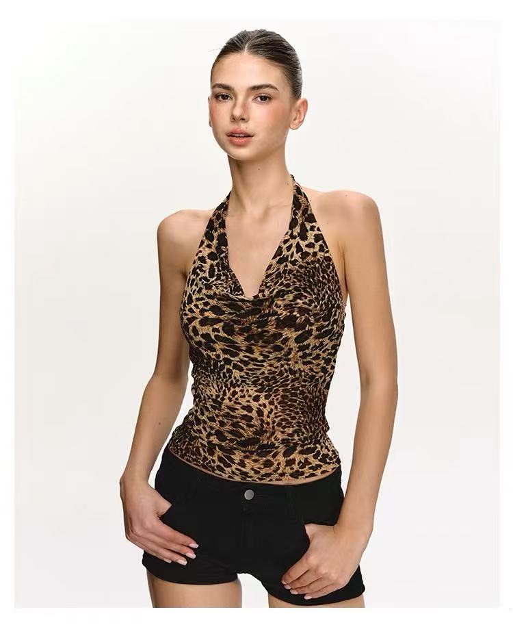Women's Leopard Halter Open-Back Top