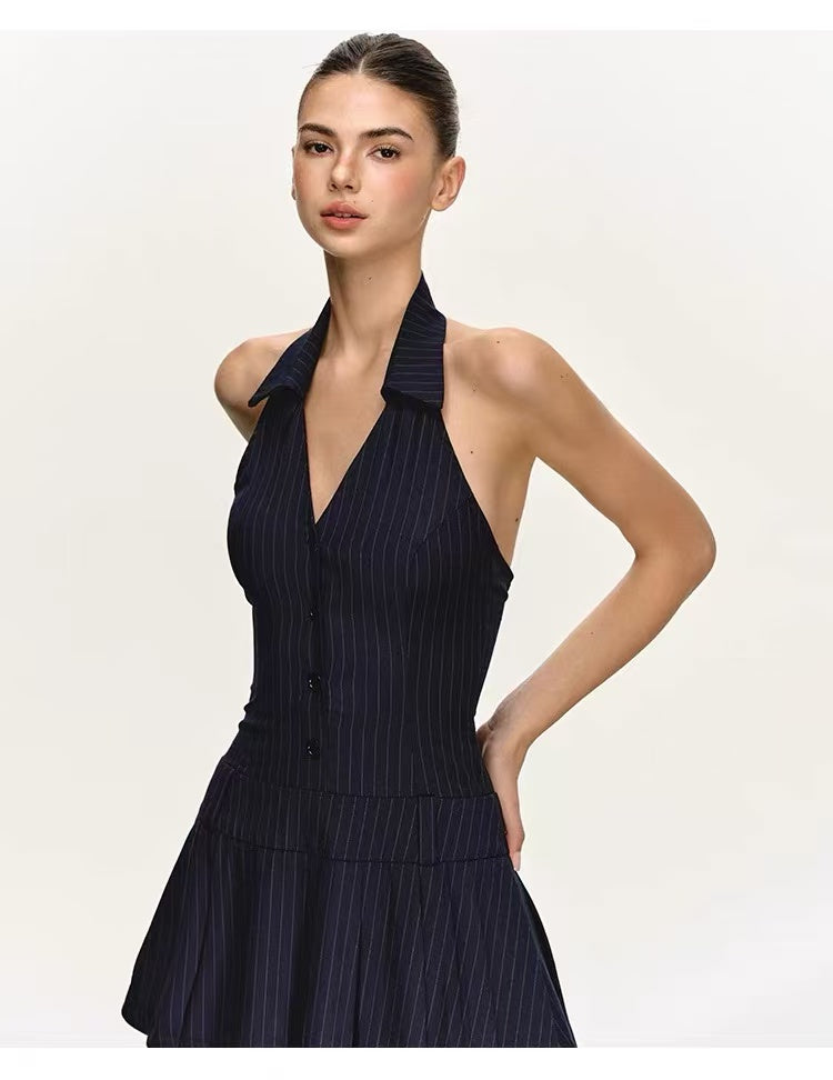 Women's Halter Open-Back Pleated Mini Dress