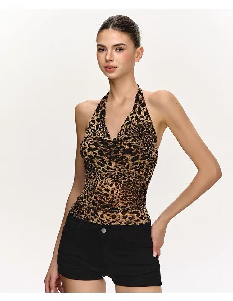 Women's Leopard Halter Open-Back Top