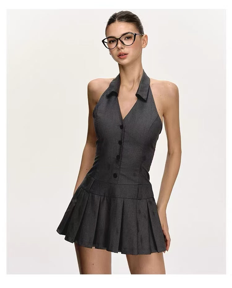 Women's Halter Open-Back Pleated Mini Dress
