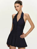Women's Halter Open-Back Pleated Mini Dress