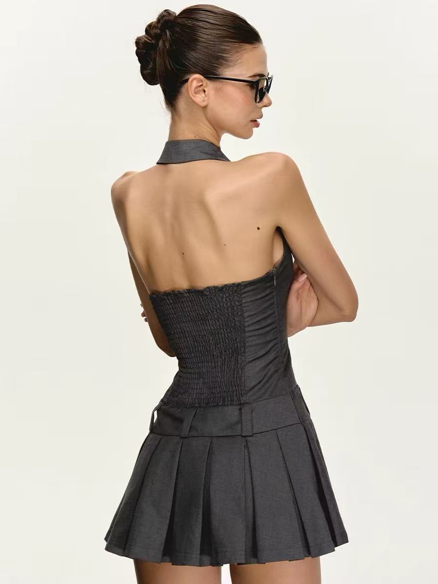 Women's Halter Open-Back Pleated Mini Dress