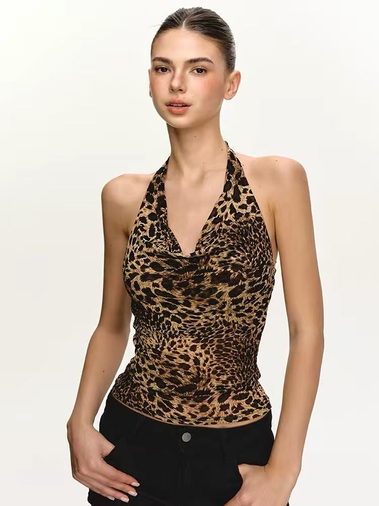Women's Leopard Halter Open-Back Top