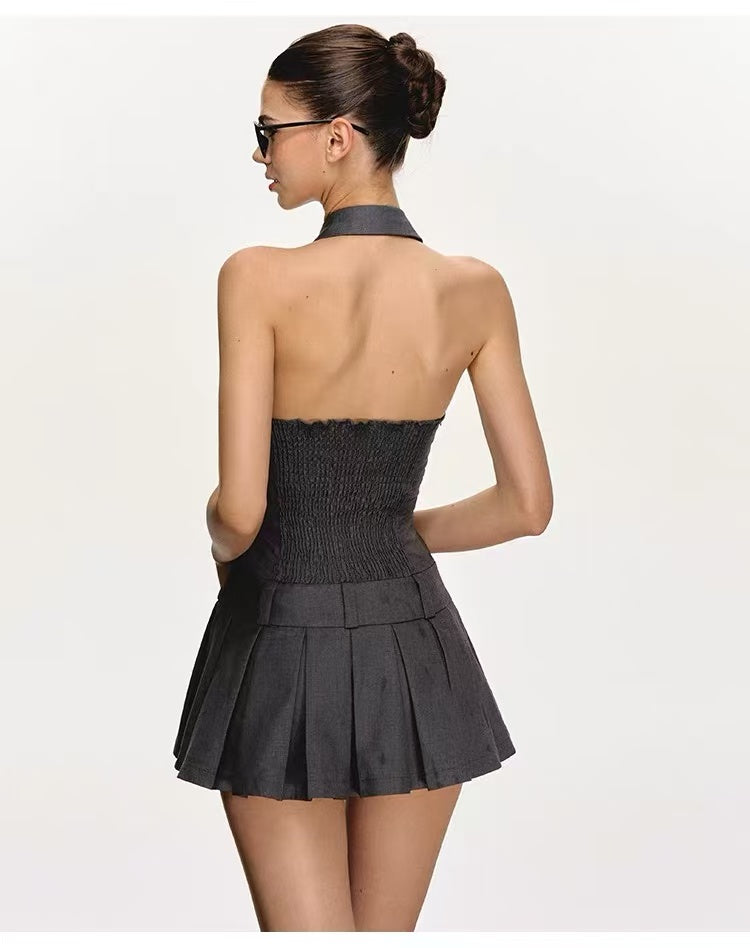 Women's Halter Open-Back Pleated Mini Dress
